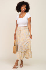 Yellow Floral Button Ruffle Maxi Skirt