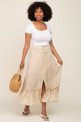 Yellow Floral Button Ruffle Maxi Skirt