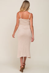 Beige Open Knit Crochet Maternity Midi Dress