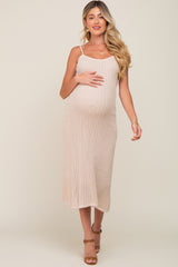 Beige Open Knit Crochet Maternity Midi Dress