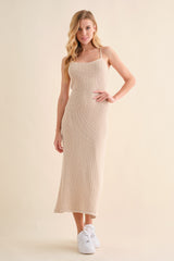 Beige Open Knit Crochet Maternity Midi Dress