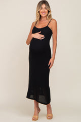 Black Open Knit Crochet Maternity Midi Dress