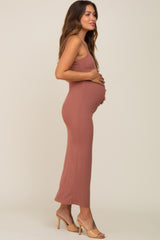 Mauve Ribbed Basic Maternity Midi Dress