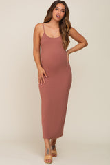 Mauve Ribbed Basic Maternity Midi Dress