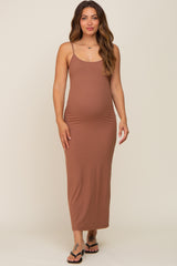 Brown Ribbed Basic Maternity Midi Dress