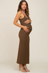 Olive Ribbed Basic Maternity Midi Dress