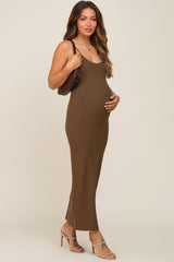 Olive Ribbed Basic Maternity Midi Dress