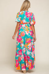 Teal Floral Puff Sleeve Tiered Maternity Maxi Dress