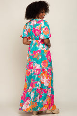 Teal Floral Puff Sleeve Tiered Maxi Dress