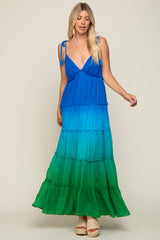 Blue Ombre Chiffon Shoulder Tie Tiered Maxi Dress