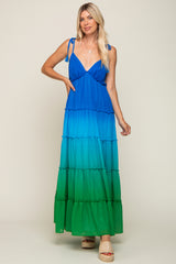 Blue Ombre Chiffon Shoulder Tie Tiered Maxi Dress