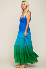 Blue Ombre Chiffon Shoulder Tie Tiered Maxi Dress