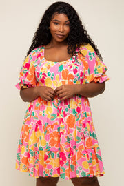 Pink Floral Puff Sleeve Plus Dress