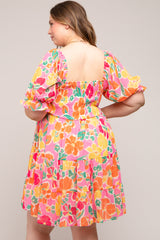 Pink Floral Puff Sleeve Maternity Plus Dress