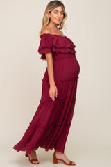 Burgundy Off Shoulder Eyelet Tiered Maternity Maxi Dress