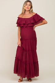 Burgundy Off Shoulder Eyelet Tiered Maternity Maxi Dress