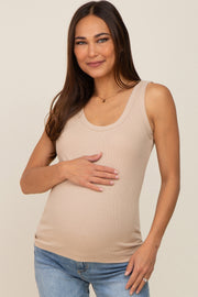 Beige Ribbed Basic Maternity Tank