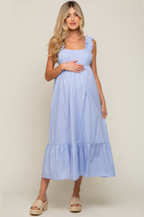 Light Blue Ruffle Accent Back Tie Maternity Midi Dress