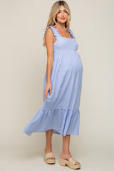 Light Blue Ruffle Accent Back Tie Maternity Midi Dress