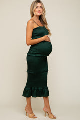 Forest Green Satin Smocked Fitted Maternity Maxi Dress