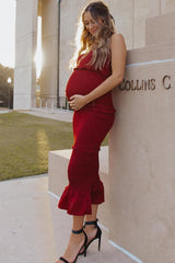 Burgundy Satin Smocked Fitted Maternity Midi Dress