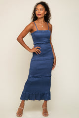 Blue Satin Smocked Fitted Maternity Maxi Dress
