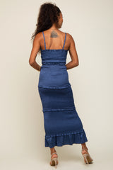 Blue Satin Smocked Fitted Maxi Dress