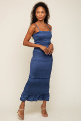 Blue Satin Smocked Fitted Maxi Dress