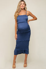 Blue Satin Smocked Fitted Maternity Maxi Dress