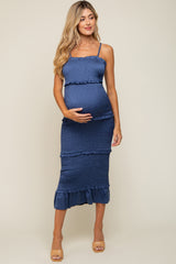 Blue Satin Smocked Fitted Maternity Maxi Dress