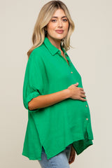 Green Button Down Collared Maternity Top