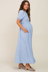 Blue Smocked Maternity Maxi Dress