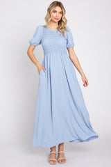 Blue Smocked Maternity Maxi Dress