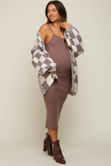 Mocha Checkered Oversized Chunky Knit Maternity Cardigan