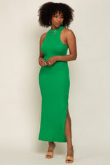 Green Ribbed Side Slit Maternity Maxi Dress