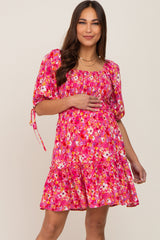 Fuchsia Floral Smocked Square Neck Ruffle Maternity Dress