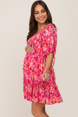 Fuchsia Floral Smocked Square Neck Ruffle Maternity Dress