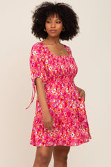 Fuchsia Floral Smocked Square Neck Ruffle Dress