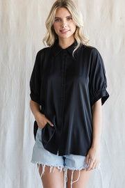 Black Satin Button Up Top