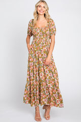 Olive Floral Smocked Square Neck Tiered Maternity Maxi Dress