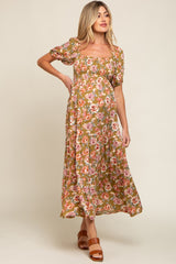 Olive Floral Smocked Square Neck Tiered Maternity Maxi Dress