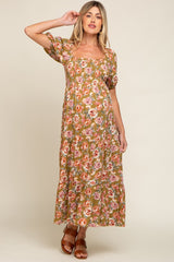 Olive Floral Smocked Square Neck Tiered Maternity Maxi Dress