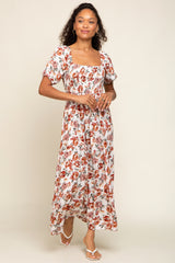 Cream Floral Smocked Square Neck Tiered Maxi Dress