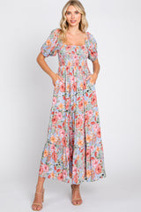 Blue Floral Smocked Square Neck Tiered Maxi Dress