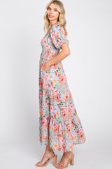 Blue Floral Smocked Square Neck Tiered Maxi Dress