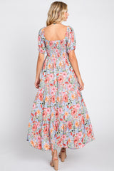 Blue Floral Smocked Square Neck Tiered Maxi Dress