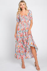 Blue Floral Smocked Square Neck Tiered Maxi Dress