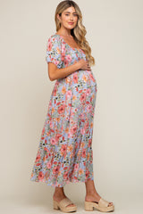 Blue Floral Smocked Square Neck Tiered Maternity Maxi Dress