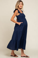 Navy Blue Sleeveless Tiered Maternity Maxi Dress