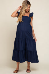 Navy Blue Sleeveless Tiered Maternity Maxi Dress